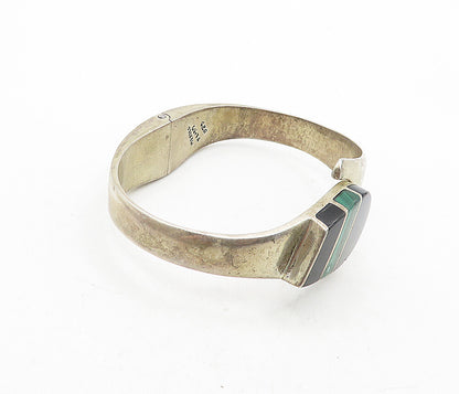 MEXICO 925 Silver  Vintage Black Onyx & Malachite Bangle Bracelet  BT1691