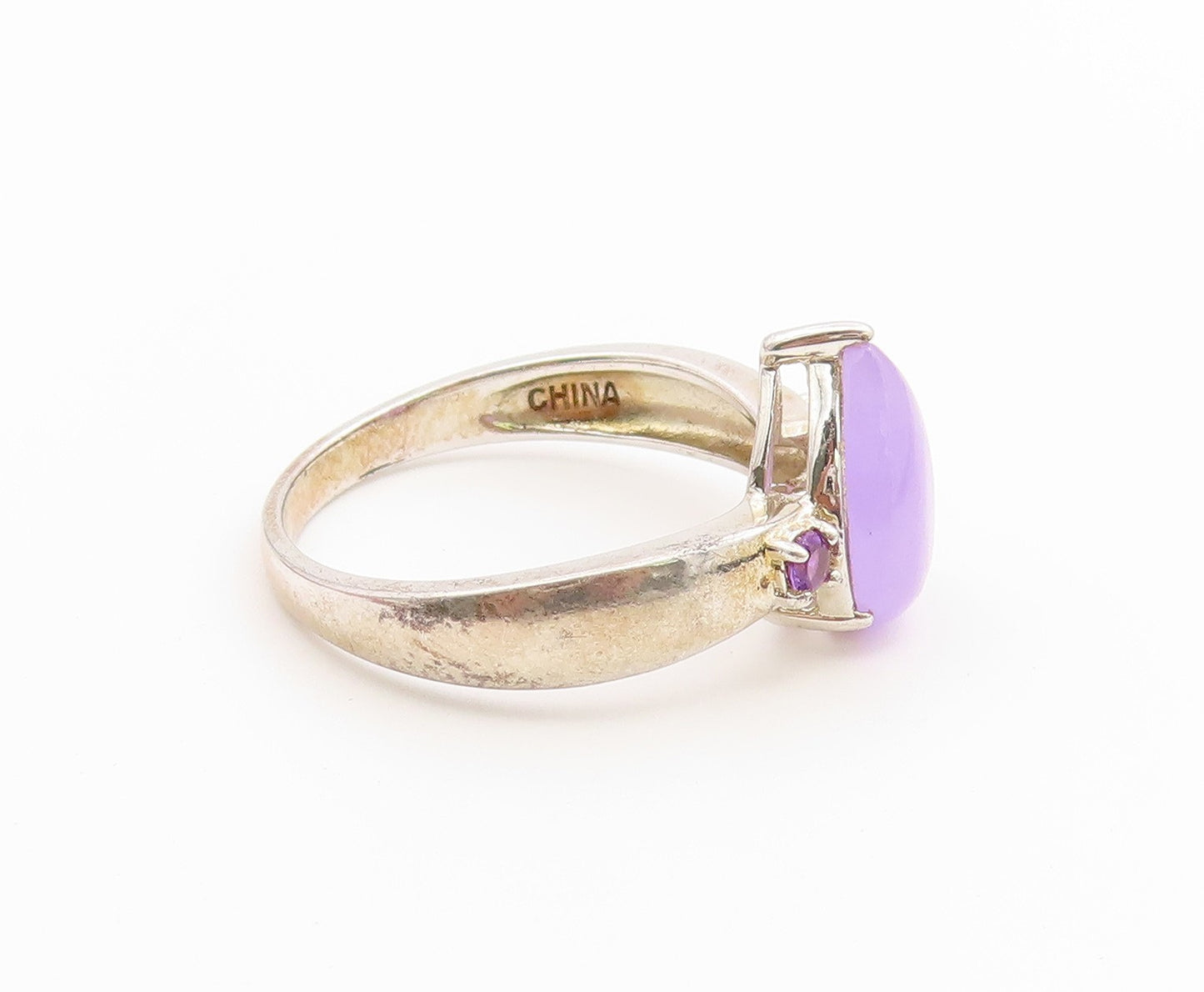 925 Sterling Silver Vintage Ring Pear Cut Jade & Amethyst Band  Sz 10  RG36891
