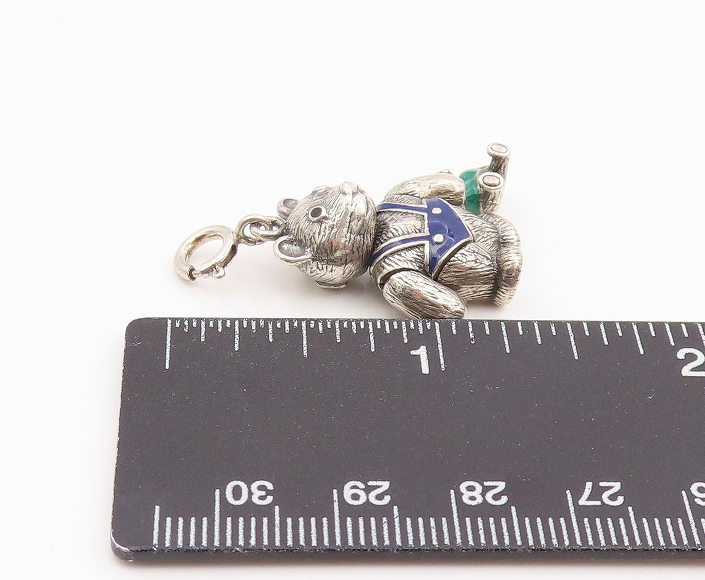 925 Sterling Silver Vintage Pendant Enamel Teddy Bear With Teddy MOVES  PT25954
