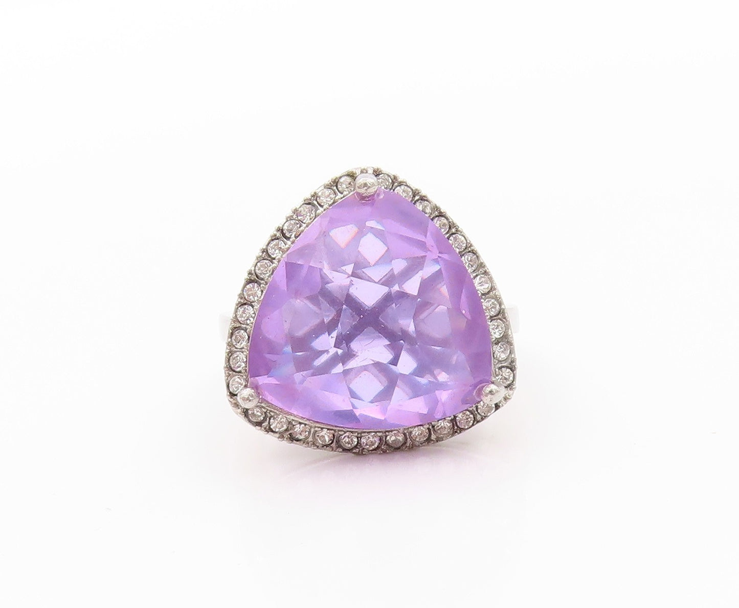 925 Sterling Silver Vintage Ring Triangle Tanzanite Halo CZ  Sz 8  RG32446