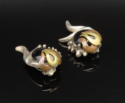 925 Sterling Silver Vintage Two Tone Modernist Onyx Clip Back Earrings EG12225