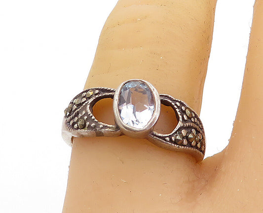 925 Silver  Vintage Blue Topaz & Marcasite Solitaire Accent Ring Sz 7  RG6145