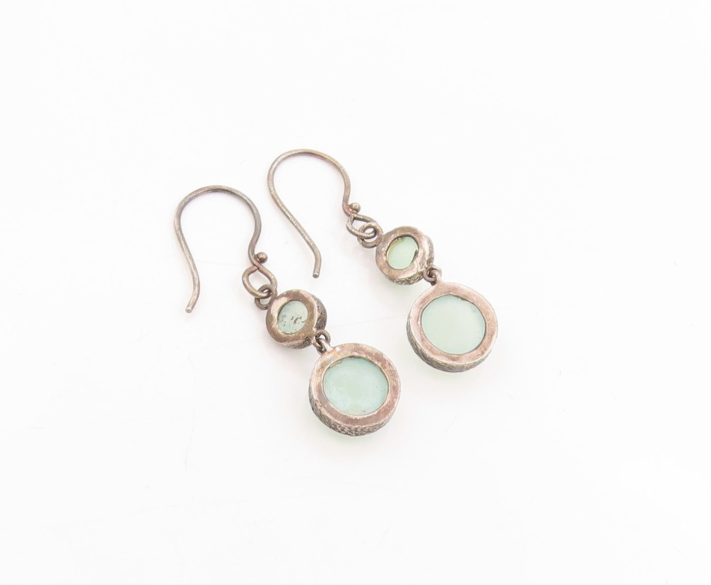 925 Sterling Silver Vintage Earrings Round Green Gemstone Drop Dangles  EG13770