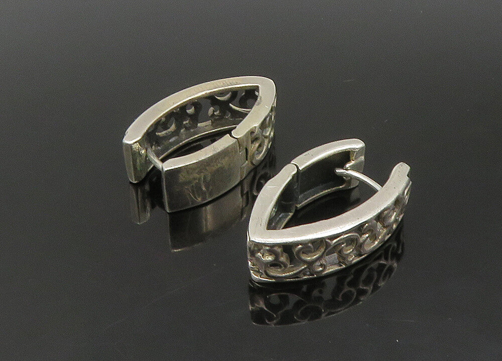 925 Sterling Silver  Vintage Shiny Swirl Vine Pointed Hoop Earrings  EG11273
