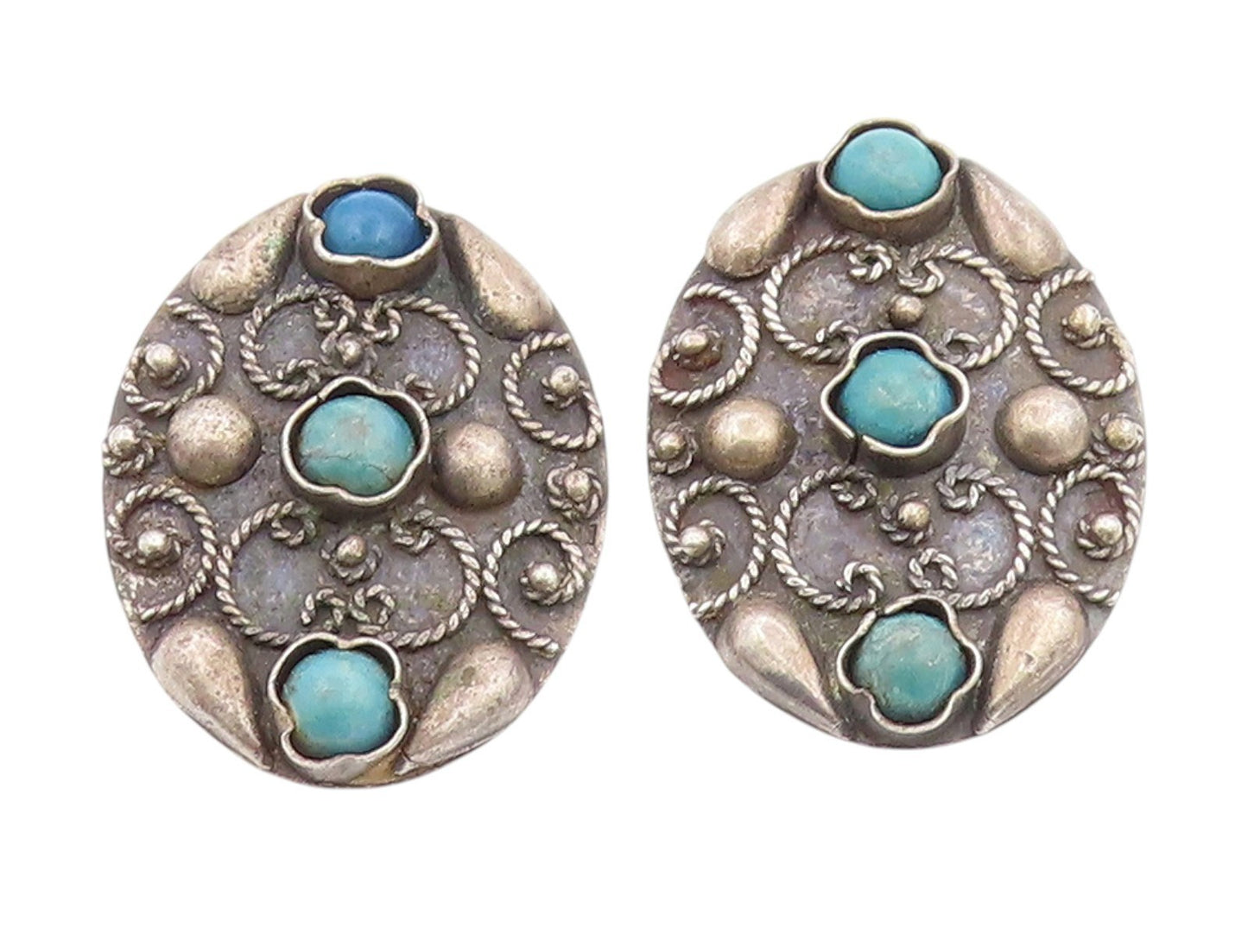 925 Sterling Silver Vintage Earrings Round Turquoise Scrollwork Clip On  EG14018
