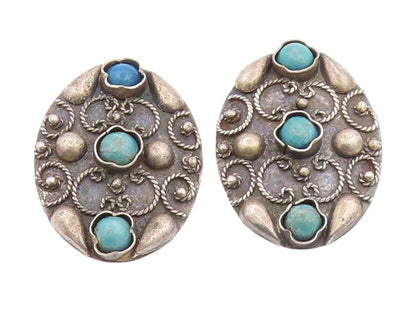 925 Sterling Silver Vintage Earrings Round Turquoise Scrollwork Clip On  EG14018