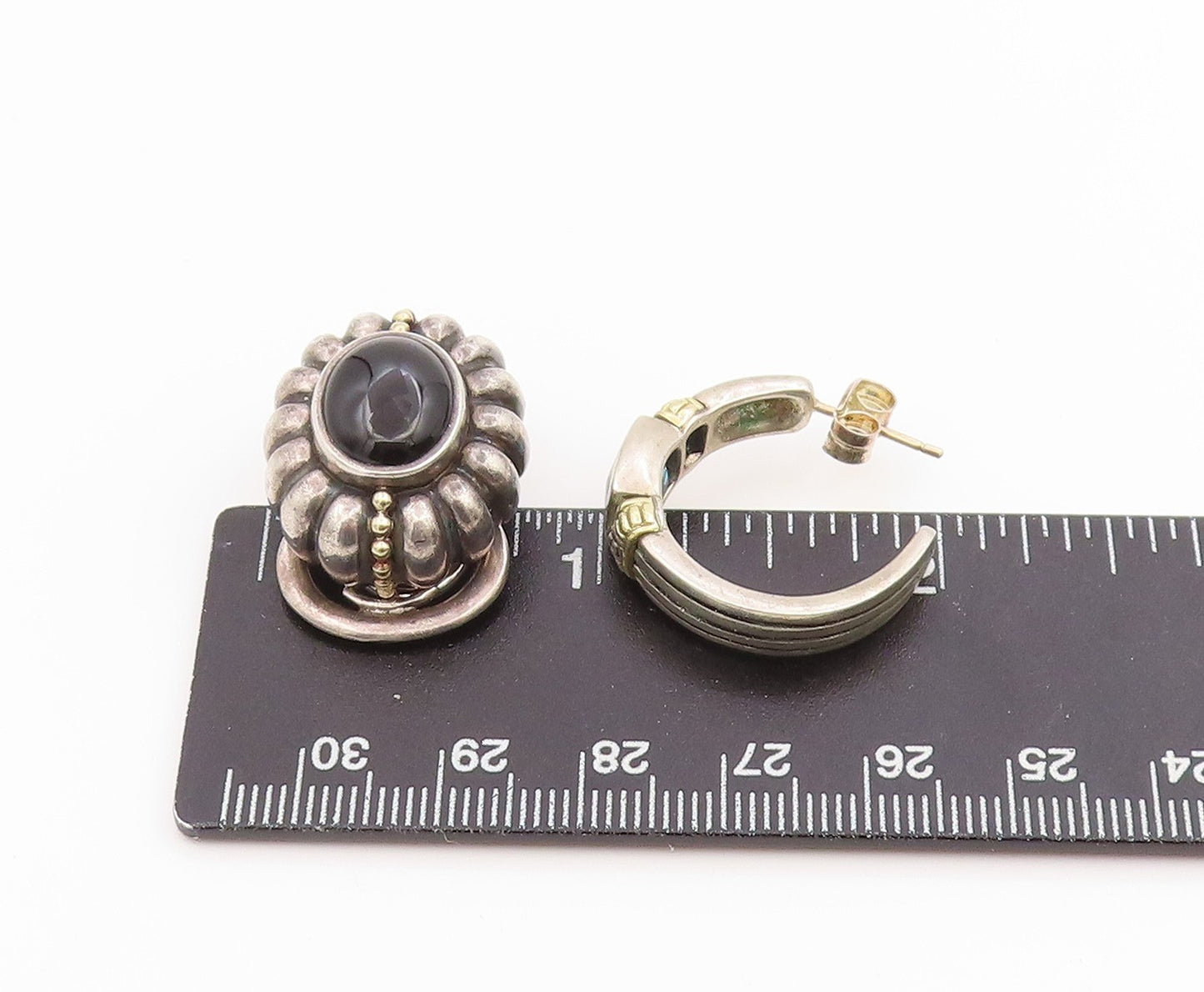 14K Gold & 925 Sterling Silver Vintage Earrings LAGOS CAVIAR Gemstone  EG14301