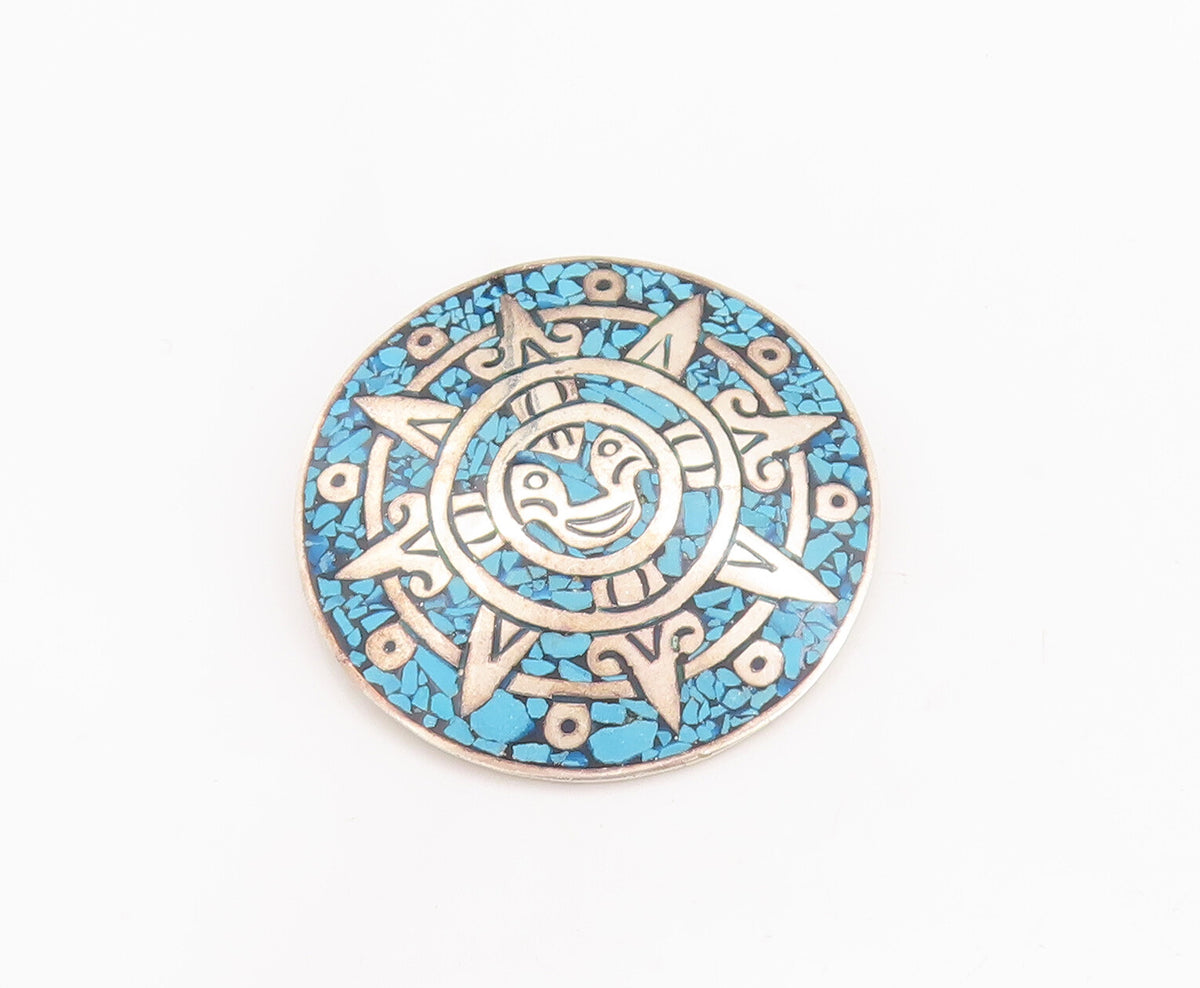 925 Sterling Silver Vintage Brooch Pin MEXICO Crushed Larimar Celtic Sun BP11055
