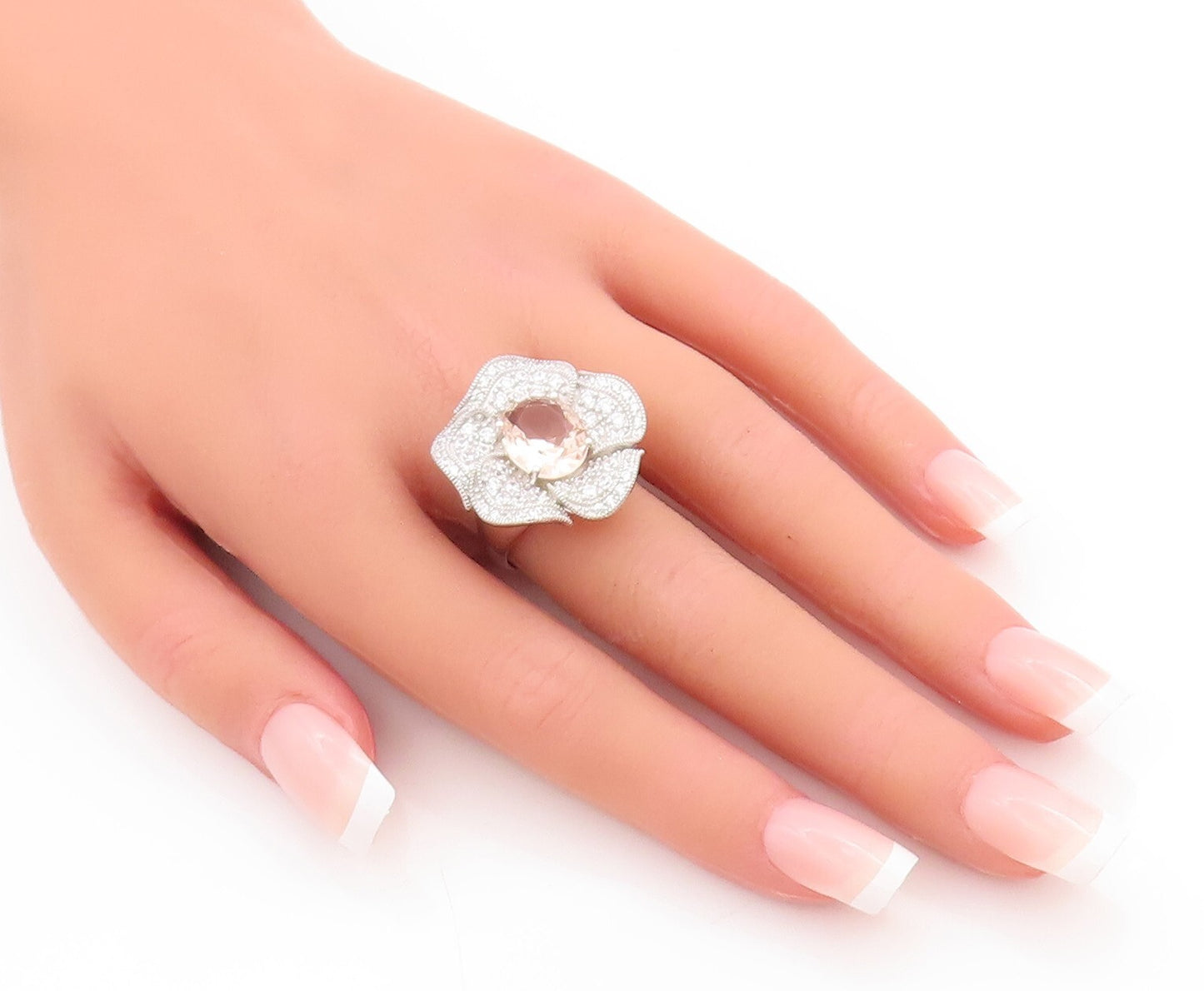 925 Sterling Silver Vintage Ring Gemstone Halo CZ Cutout Flower  Sz 7.5  RG29044