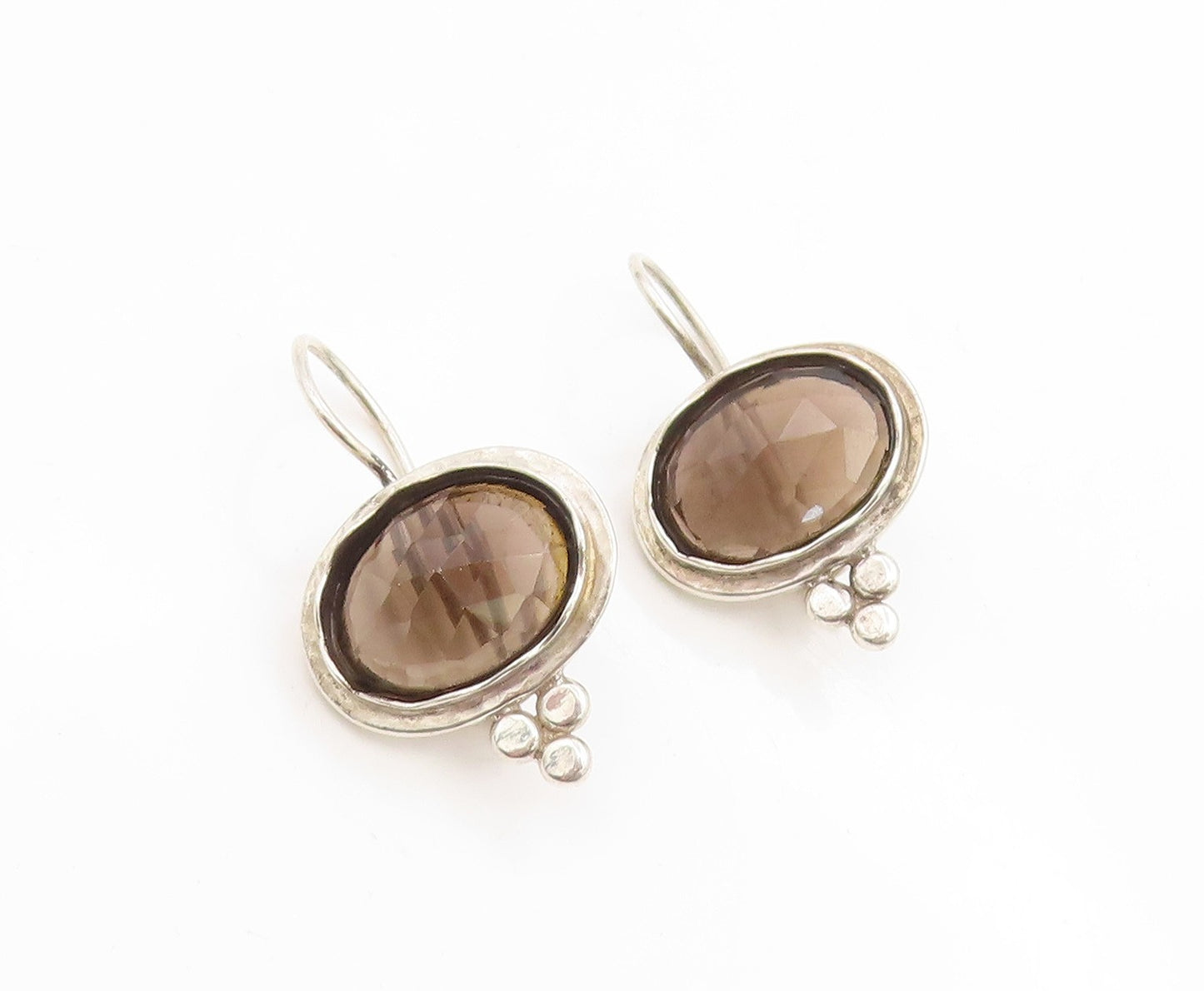 925 Sterling Silver Vintage Earrings Classic Faceted Smoky Quartz Drop  EG14276