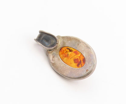 925 Sterling Silver Vintage Pendant Cabochon Honey Amber Chunky Locket  PT25326