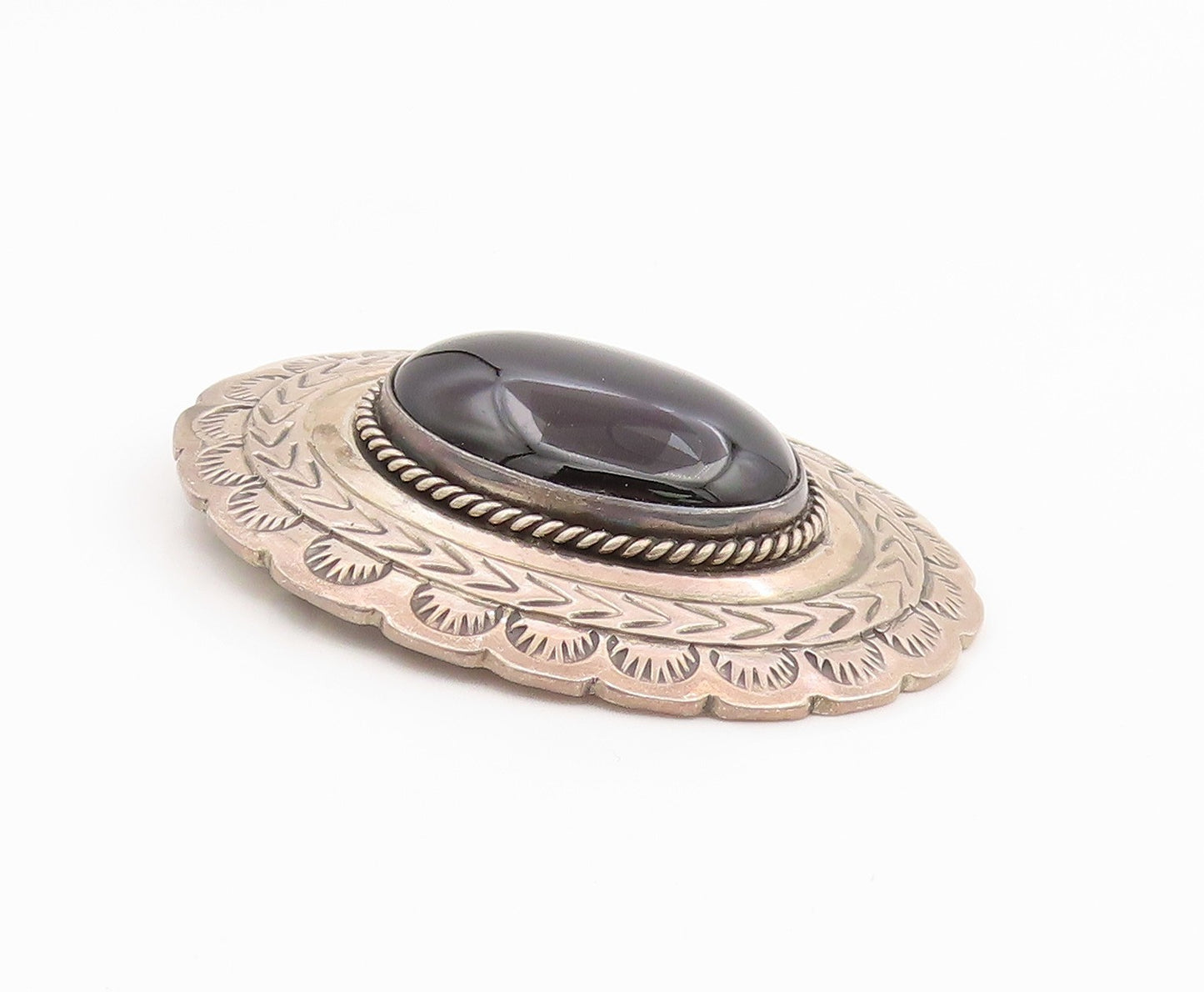 925 Sterling Silver Vintage Brooch Pin Cabochon Black Onyx  BP12346