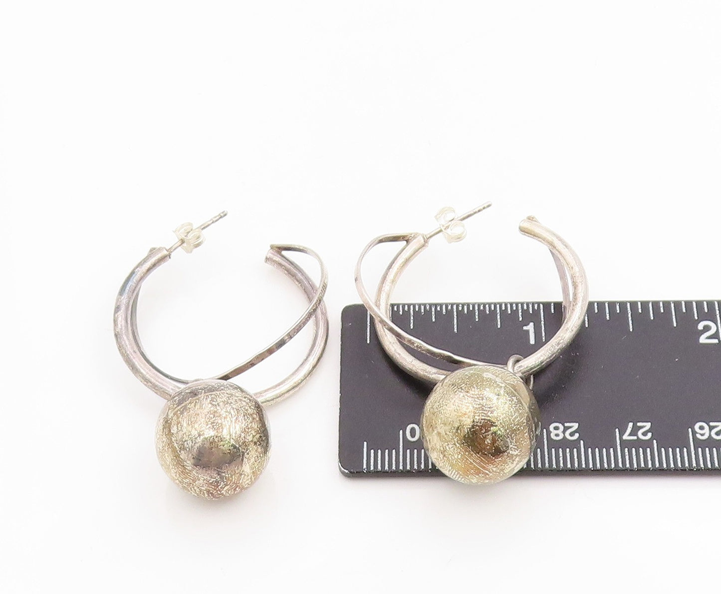 925 Sterling Silver Vintage Earrings Double Hoop Geometric Sphere Dangle EG13757