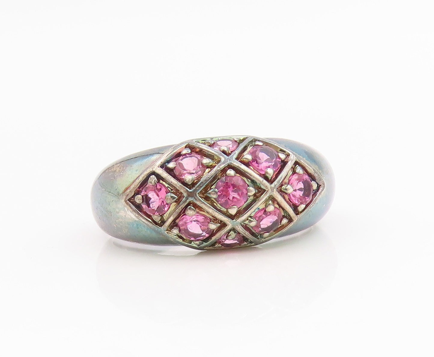 925 Sterling Silver Vintage Ring S & G Pink CZ Statement Band  Sz 10  RG35445