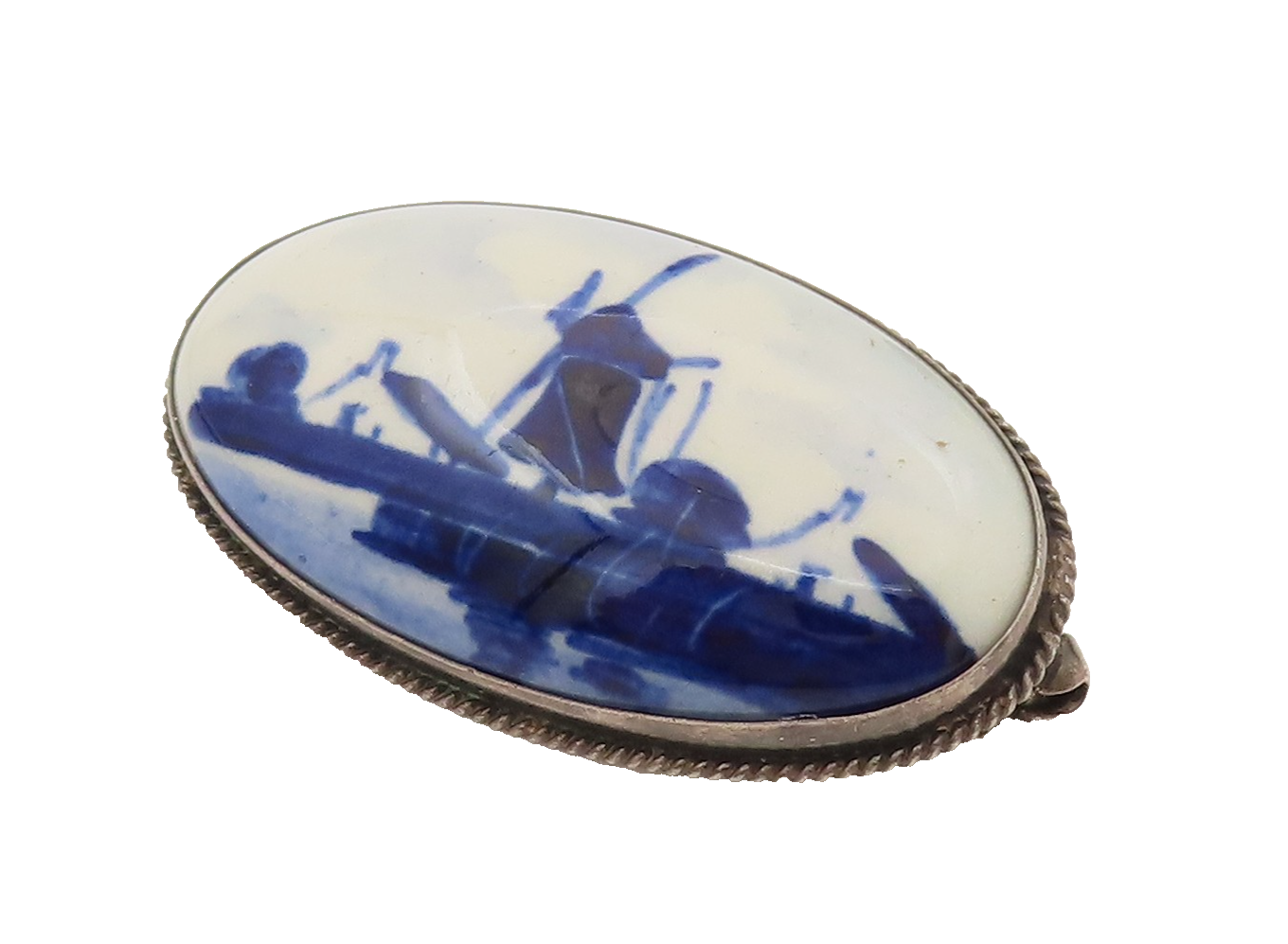 HOLLAND 925 Silver Vintage Delft Blue Porcelain Scenery Brooch Pin  BP10273