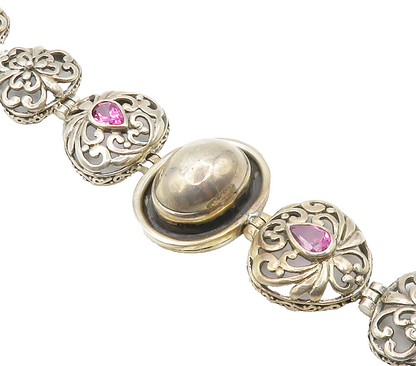 925 Sterling Silver  Vintage Pink Topaz Floral Hinge Chain Bracelet  BT5900