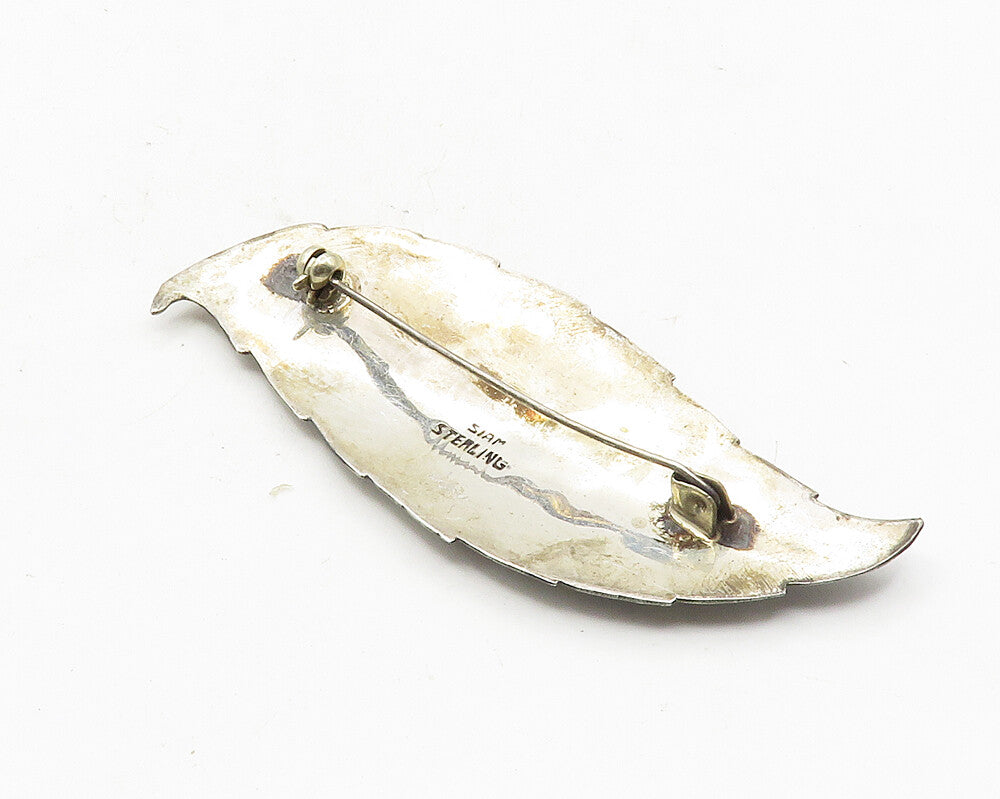 SIAM 925 Sterling Silver  Vintage Enamel Niello Dancer Leaf Brooch Pin  BP4003