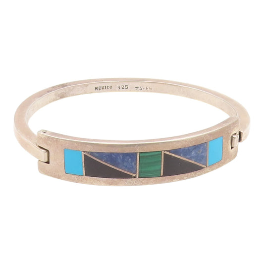 MEXICO 925 Silver  Vintage Turquoise Onyx & Sodalite Bangle Bracelet  BT9209
