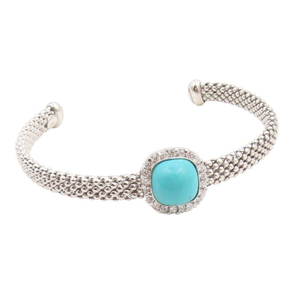 925 Sterling Silver Vintage Bracelet Turquoise & Halo CZ Woven Bead Mesh BT12172