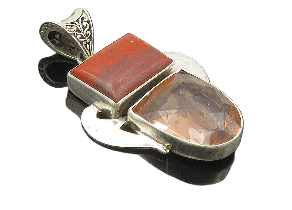 925 Sterling Silver  Vintage Red Jasper & Topaz Swirl Bail Pendant  PT7819