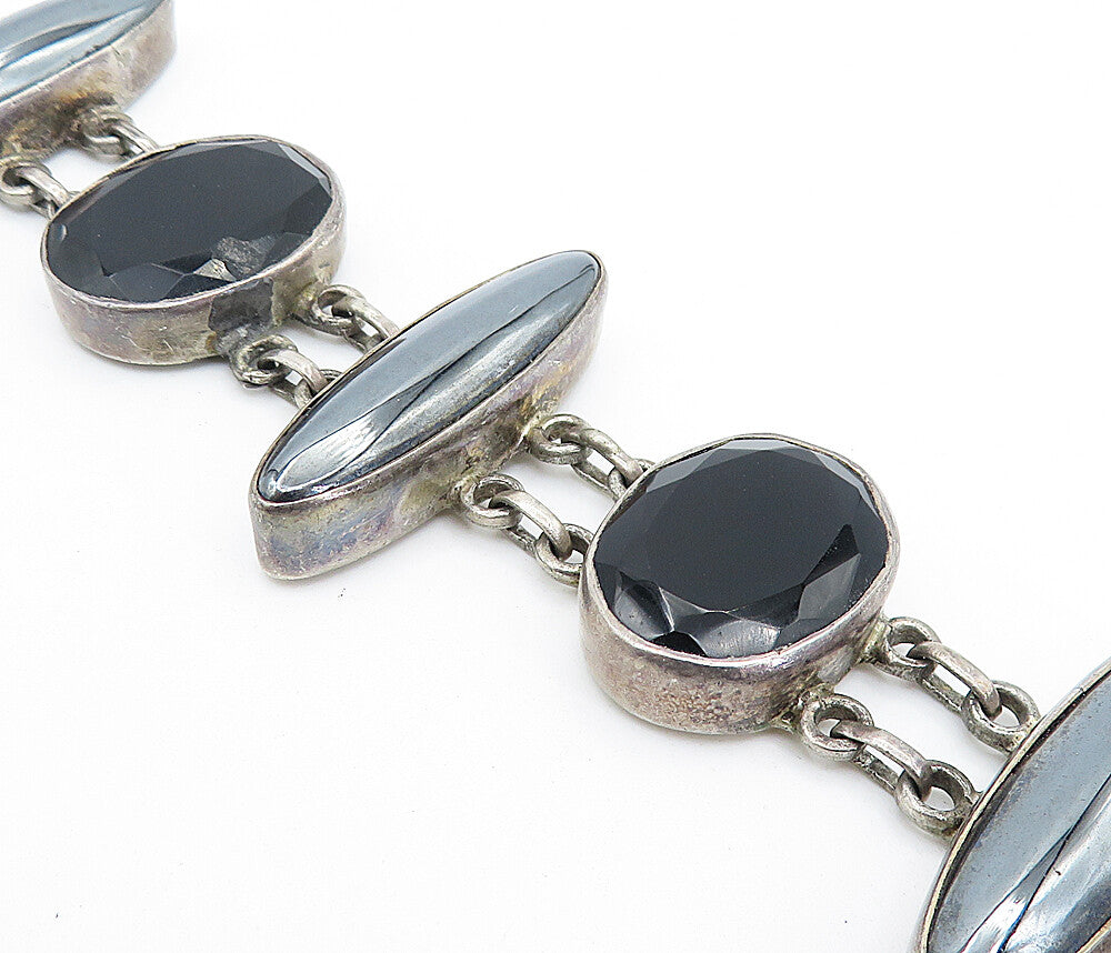 925 Sterling Silver Vintage Hematite Multi Shape Link Chain Bracelet BT3148