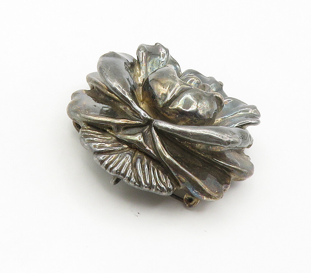ISRAEL 925 Sterling Silver  Vintage Dark Tone Hollow Flower Brooch Pin  BP5979