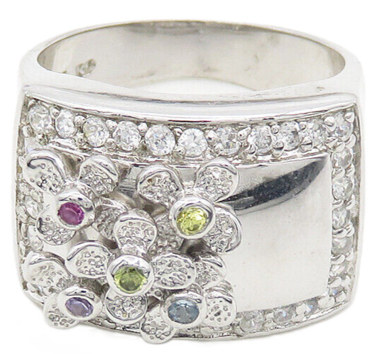 925 Silver  Cubic Zirconia Floral Motif Shiny Cocktail Ring Sz 9  RG19453