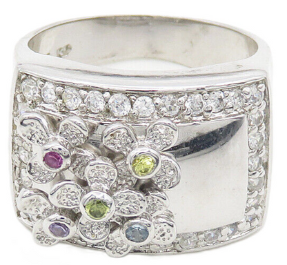 925 Silver  Cubic Zirconia Floral Motif Shiny Cocktail Ring Sz 9  RG19453