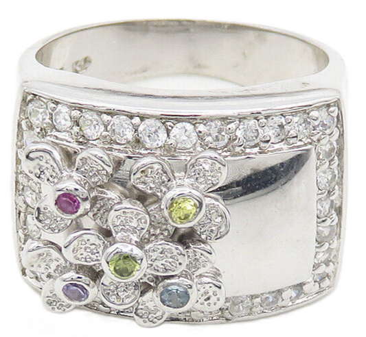 925 Silver  Cubic Zirconia Floral Motif Shiny Cocktail Ring Sz 9  RG19453