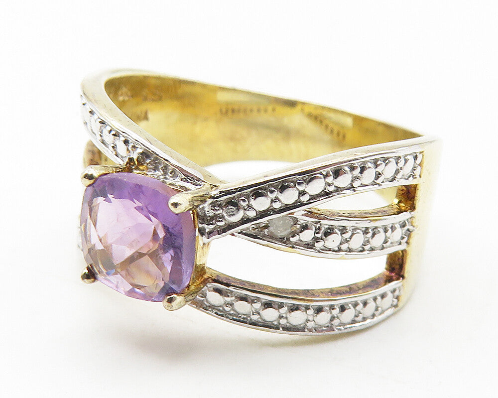 925 Sterling Silver  Amethyst & Genuine Diamond 2 Tone Band Ring Sz 8  RG11562