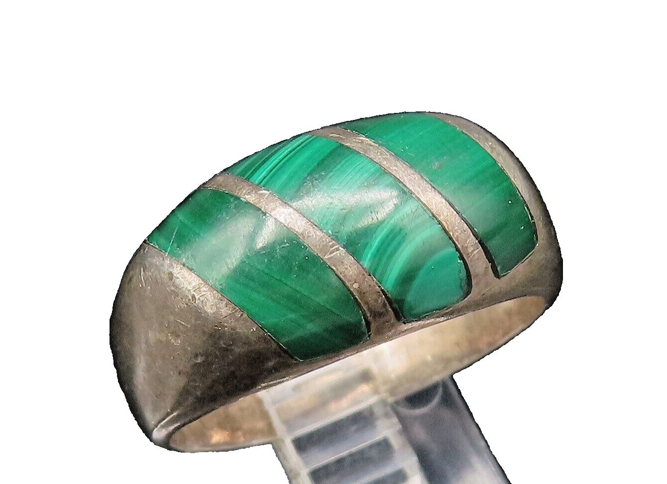 MEXICO 925 Sterling Silver Vintage Inlaid Malachite Dome Ring Sz 10.5 RG25871