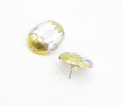 925 Sterling Silver  Vintage Two Tone Floral Detail Dome Drop Earrings  EG3970
