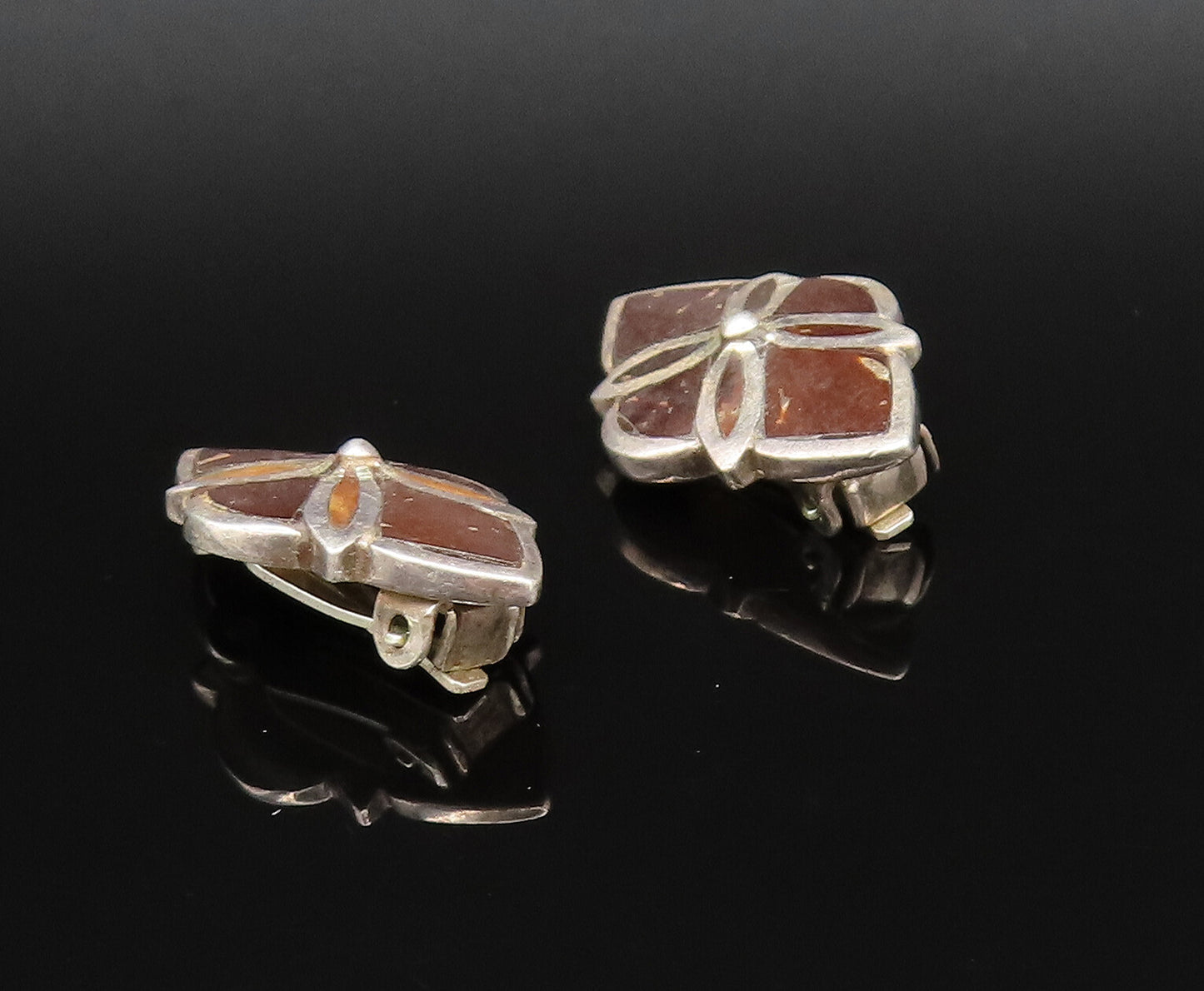 925 Sterling Silver  Vintage Inlaid Tiger's Eye Non Pierced Earrings  EG12004