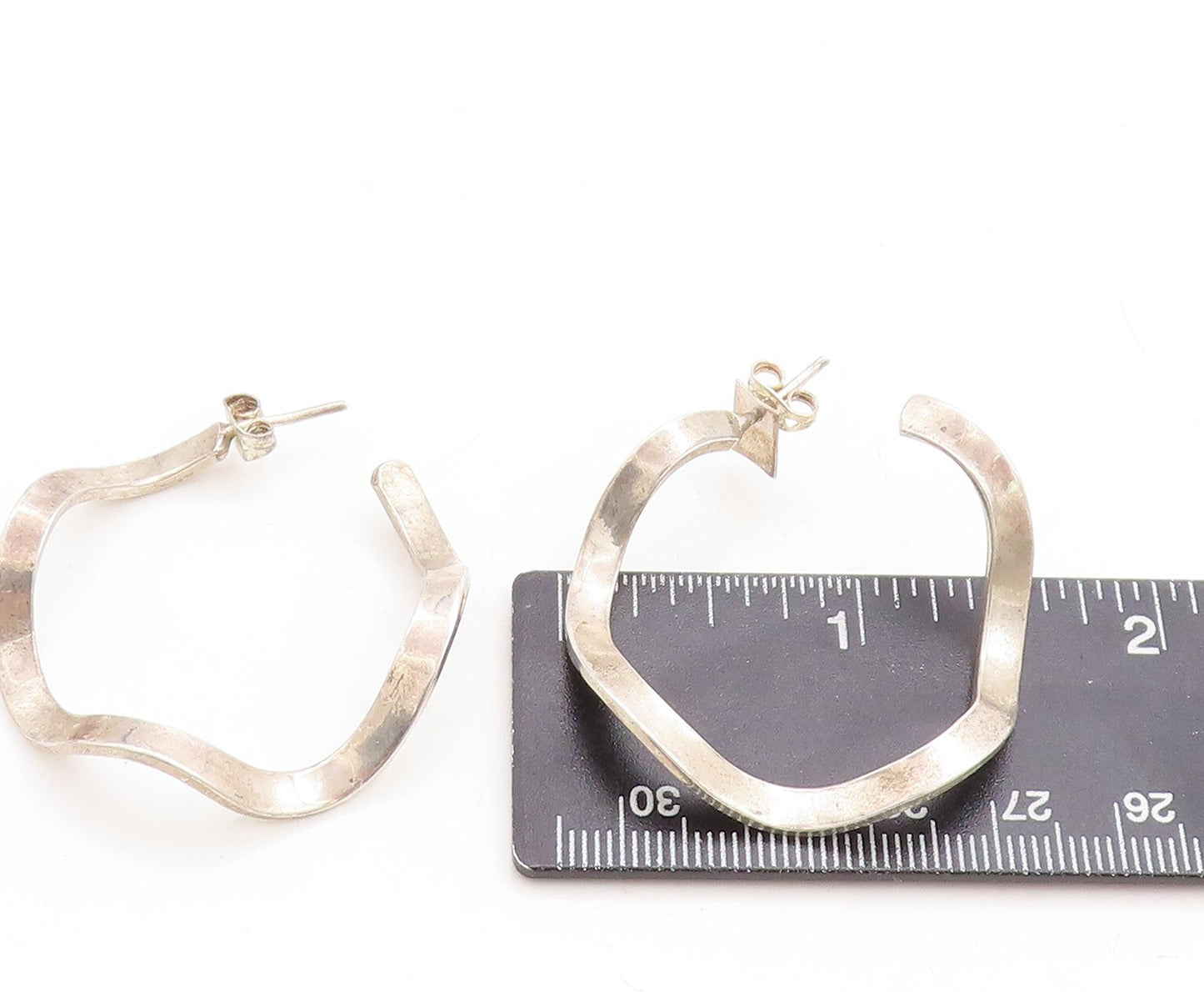 925 Sterling Silver Vintage Earrings Brutalist Wave Design Cutout Hoops  EG13304