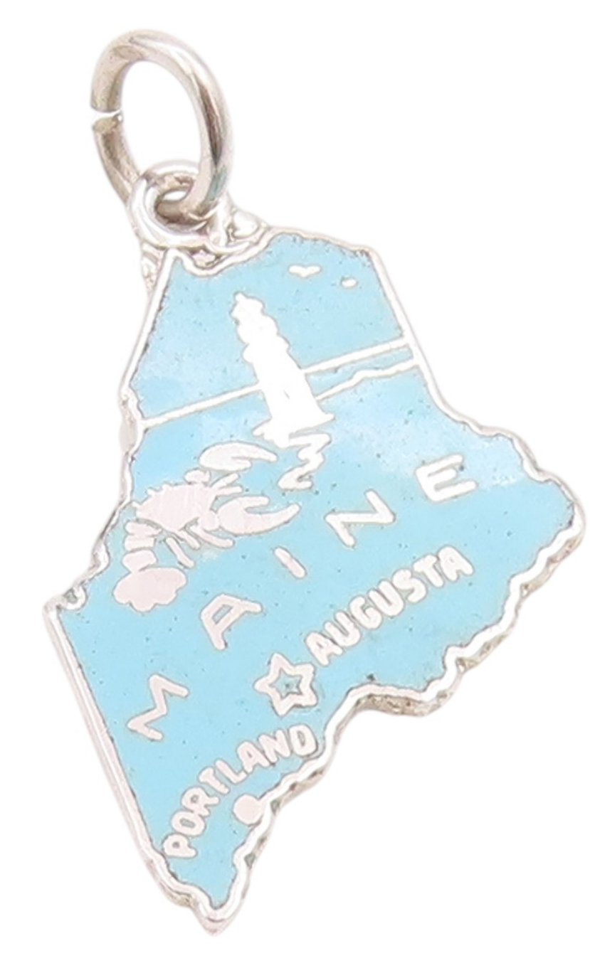 925 Sterling Silver Vintage Pendant Enameled Cutout Maine Map Charm  PT24537