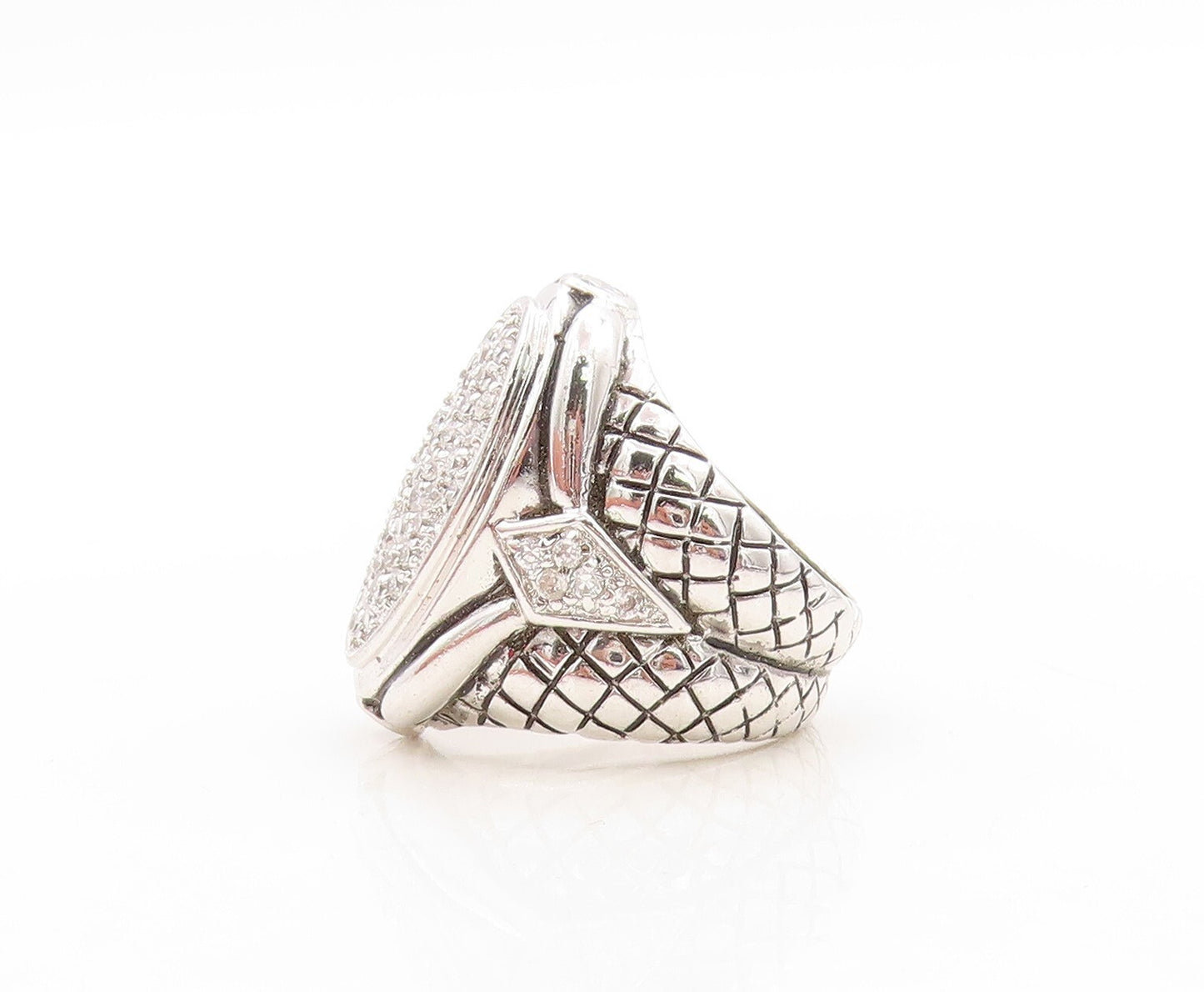 925 Sterling Silver Vintage Ring Net Design Etched Oval CZ Inlay  Sz 6  RG31320