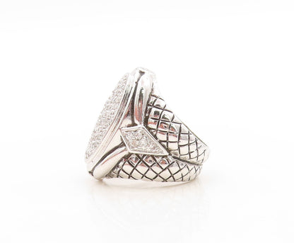 925 Sterling Silver Vintage Ring Net Design Etched Oval CZ Inlay  Sz 6  RG31320