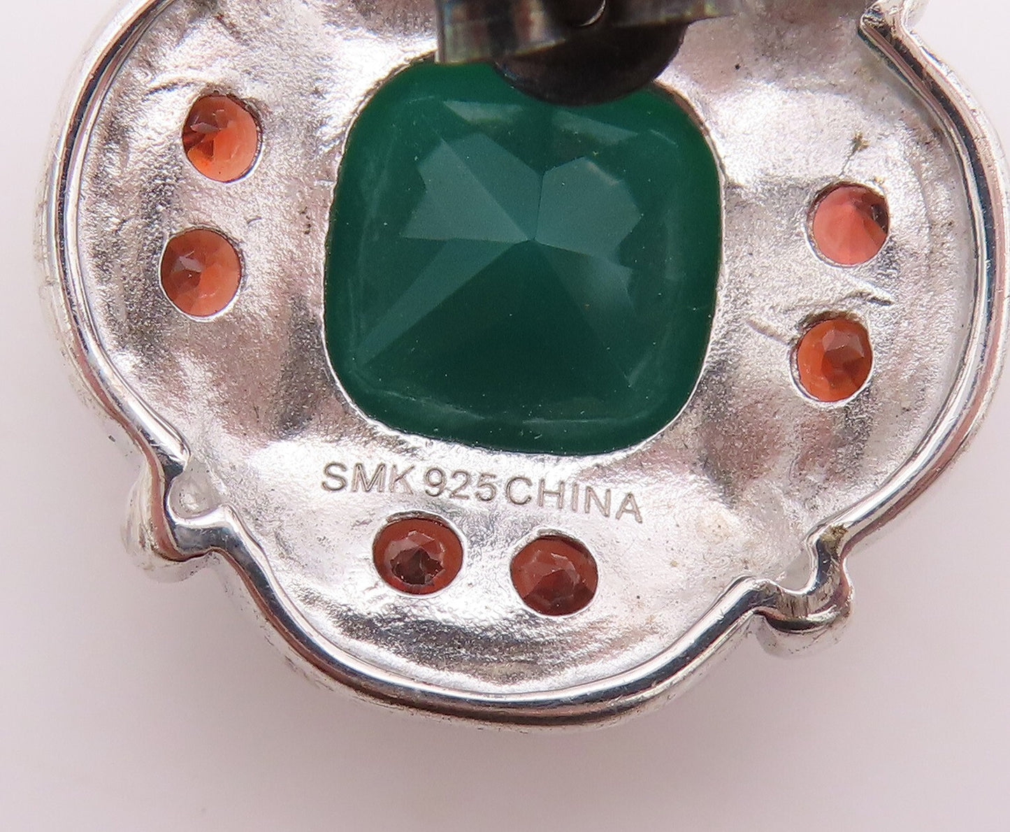 925 Sterling Silver Vintage Earrings Square Green Onyx & Garnet Flower  EG13388