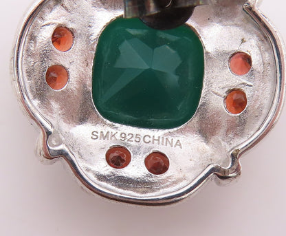 925 Sterling Silver Vintage Earrings Square Green Onyx & Garnet Flower  EG13388