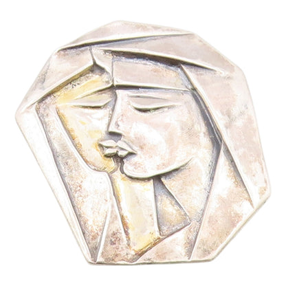 925 Sterling Silver Vintage Brooch Pin Geometric Duo Portrait Embrace  BP12558