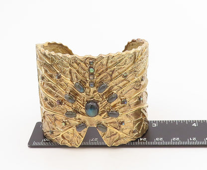 925 Sterling Silver Vintage Bracelet Gold Plated Gemstone Cuff HEAVY  BT11599