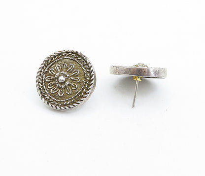 925 Sterling Silver  Vintage Antique Round Floral Button Drop Earrings  EG2630
