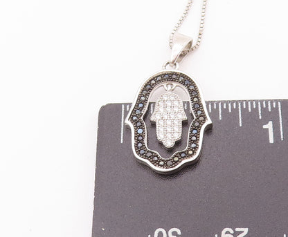 925 Sterling Silver Vintage Necklace Minimalist Inlay Onyx & Topaz Hamas  NE4241