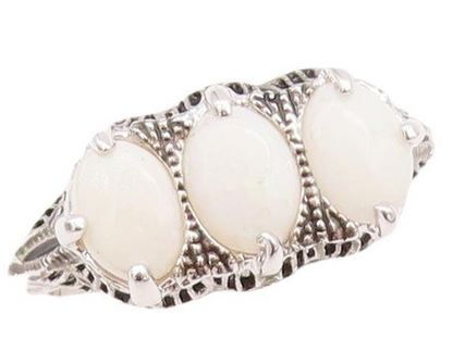 925 Sterling Silver Vintage Ring Victorian Design Carved Oval Opal  Sz 8 RG28244