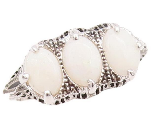 925 Sterling Silver Vintage Ring Victorian Design Carved Oval Opal  Sz 8 RG28244
