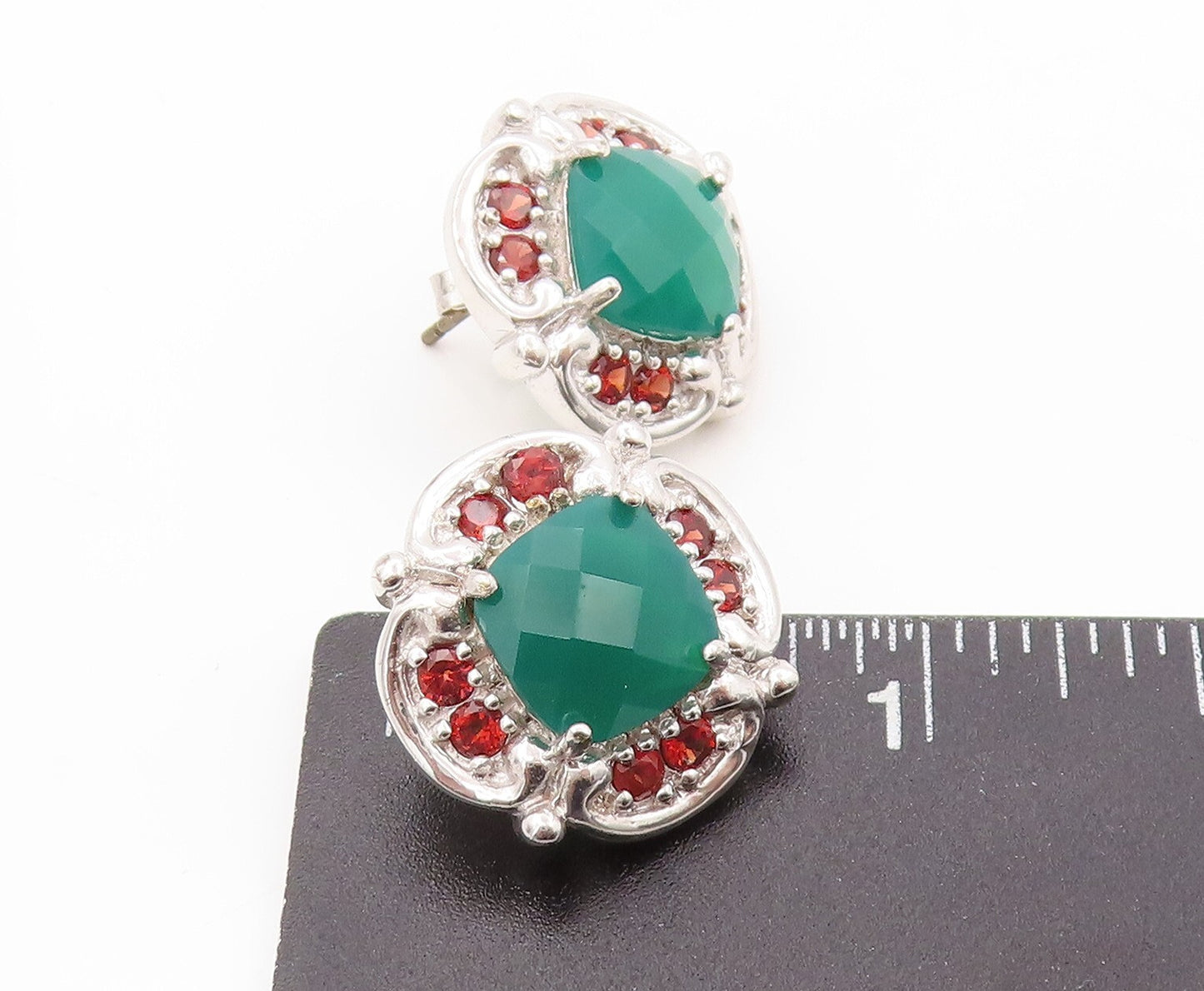 925 Sterling Silver Vintage Earrings Square Green Onyx & Garnet Flower  EG13388