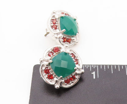 925 Sterling Silver Vintage Earrings Square Green Onyx & Garnet Flower  EG13388
