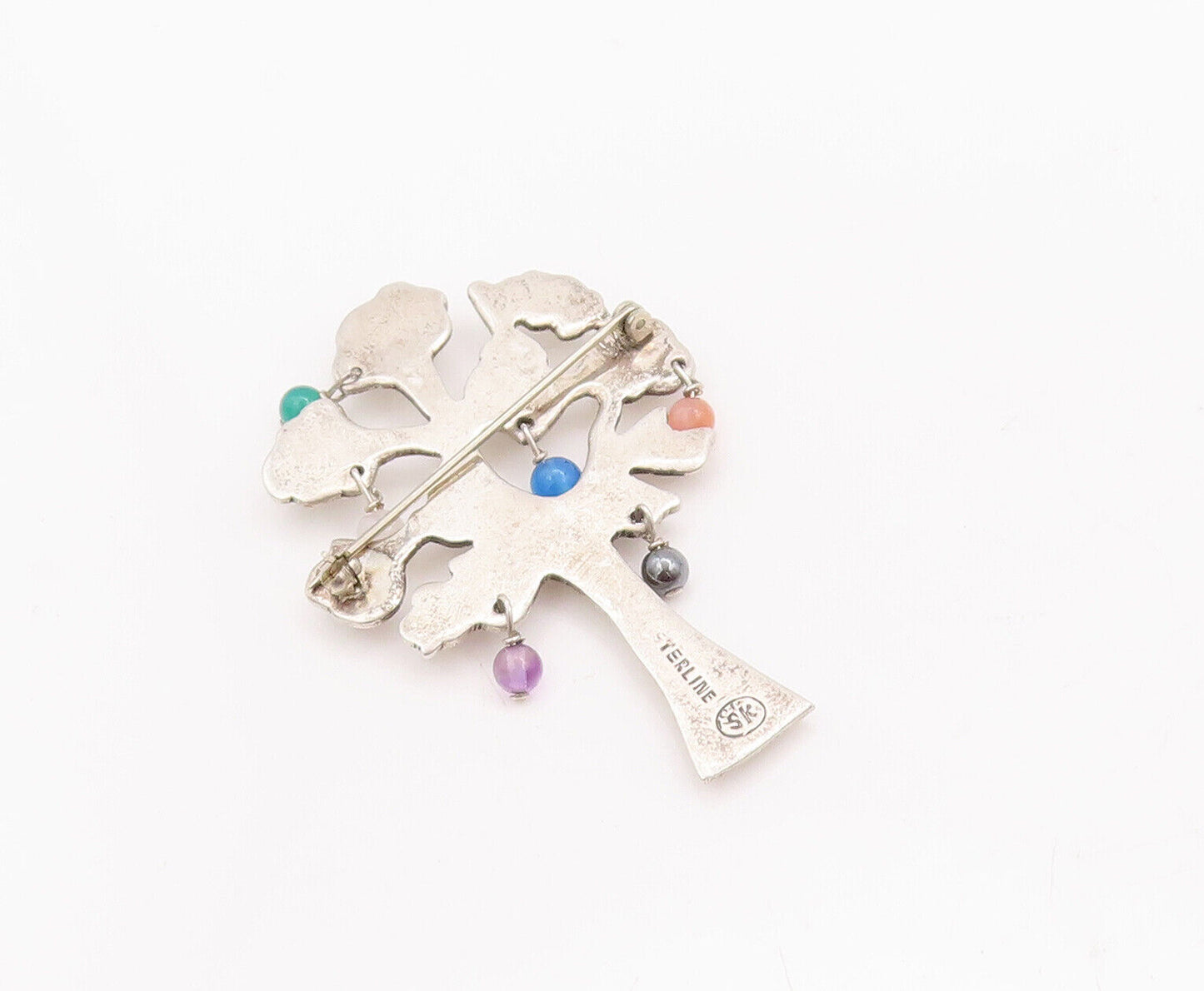 925 Sterling Silver Vintage Brooch Pin Designer Gemstone Beaded Tree  BP10872