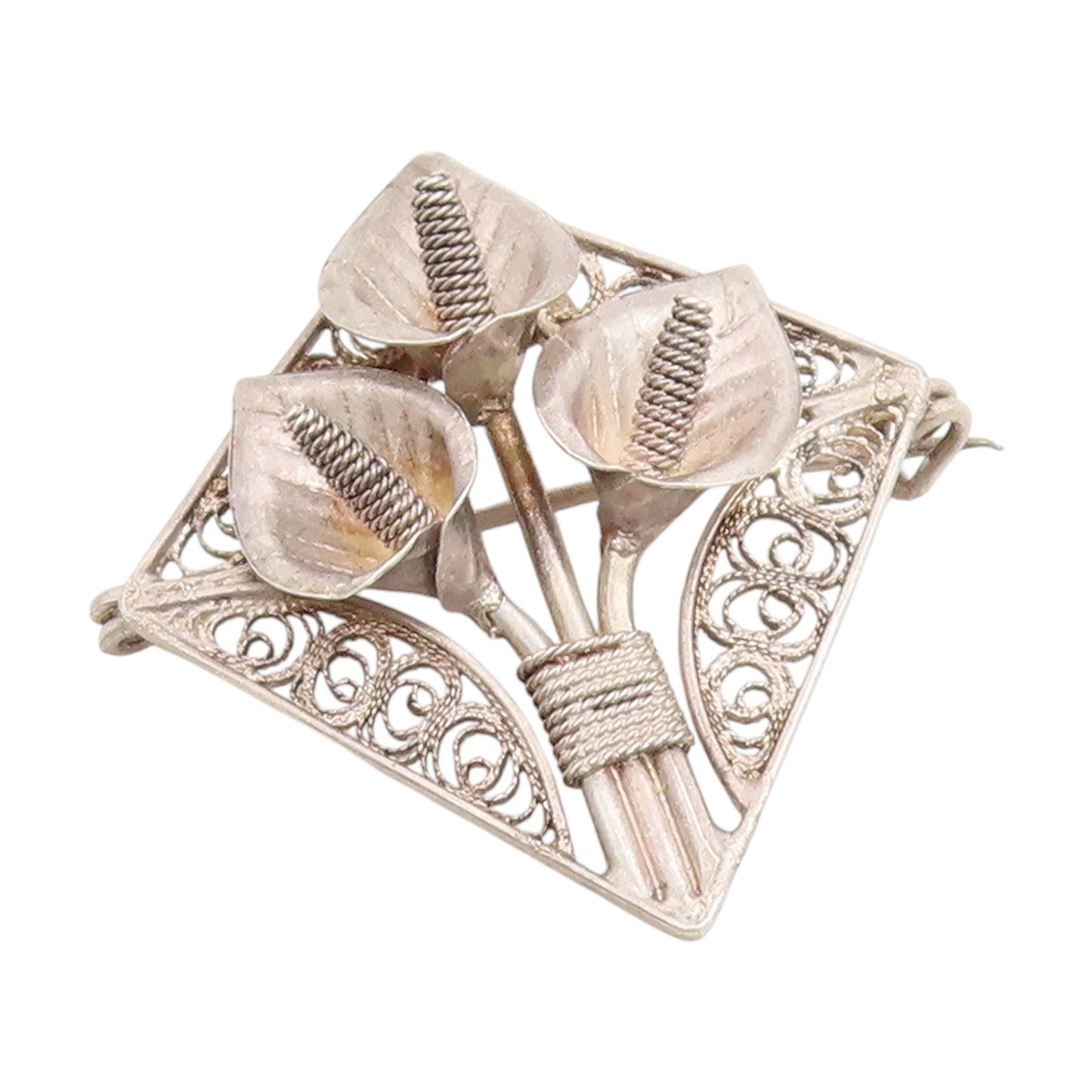 925 Sterling Silver Vintage Brooch Pin Etched Filigree Calla Lily Flower BP12326