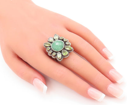 925 Sterling Silver Vintage Ring Peridot & Emerald Floral Inlay  Sz 8  RG29618